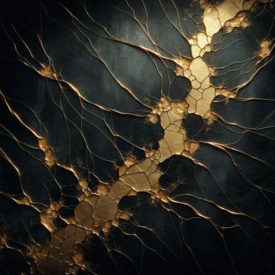 The primary subject of the image is a close-up of a gold-colored, textured wall. The setting is a dark room, and the visual style appears to be a combination of a photo and digital art. The dominant colors are gold and black, creating a rich and luxurious atmosphere.